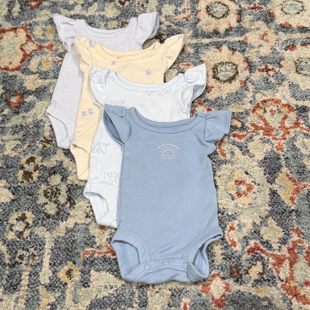 Carter's Bodysuit Set Girls Preemie Blue Yellow Floral Elephant Flutter EUC